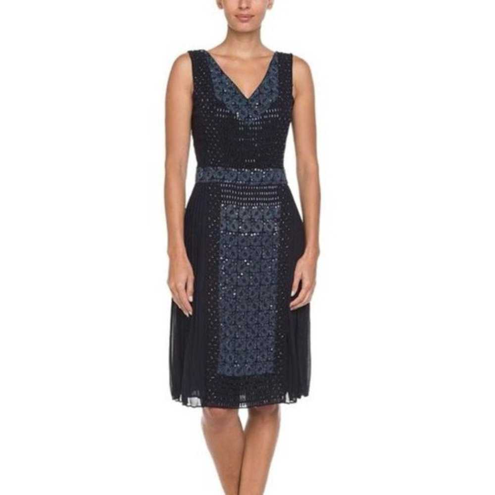 Tory Burch Silk Beaded Sequin Luxe Pleated Cocktail Dress in Navy Size 4